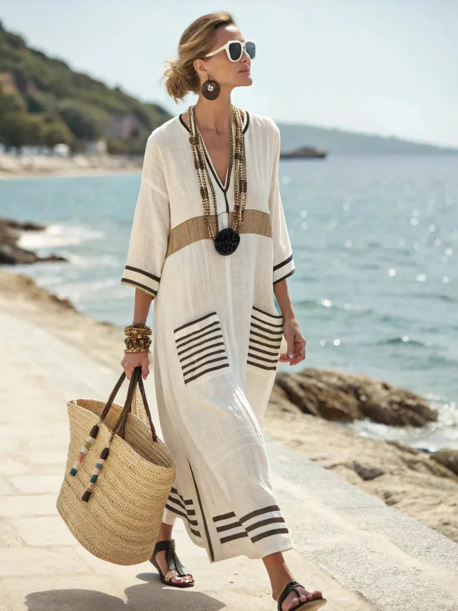 Vestido de Verano Largo Boho con Escote en V y Bolsillos