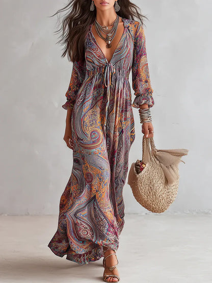 Vestido de Verano Largo Boho con Estampado y Escote en V