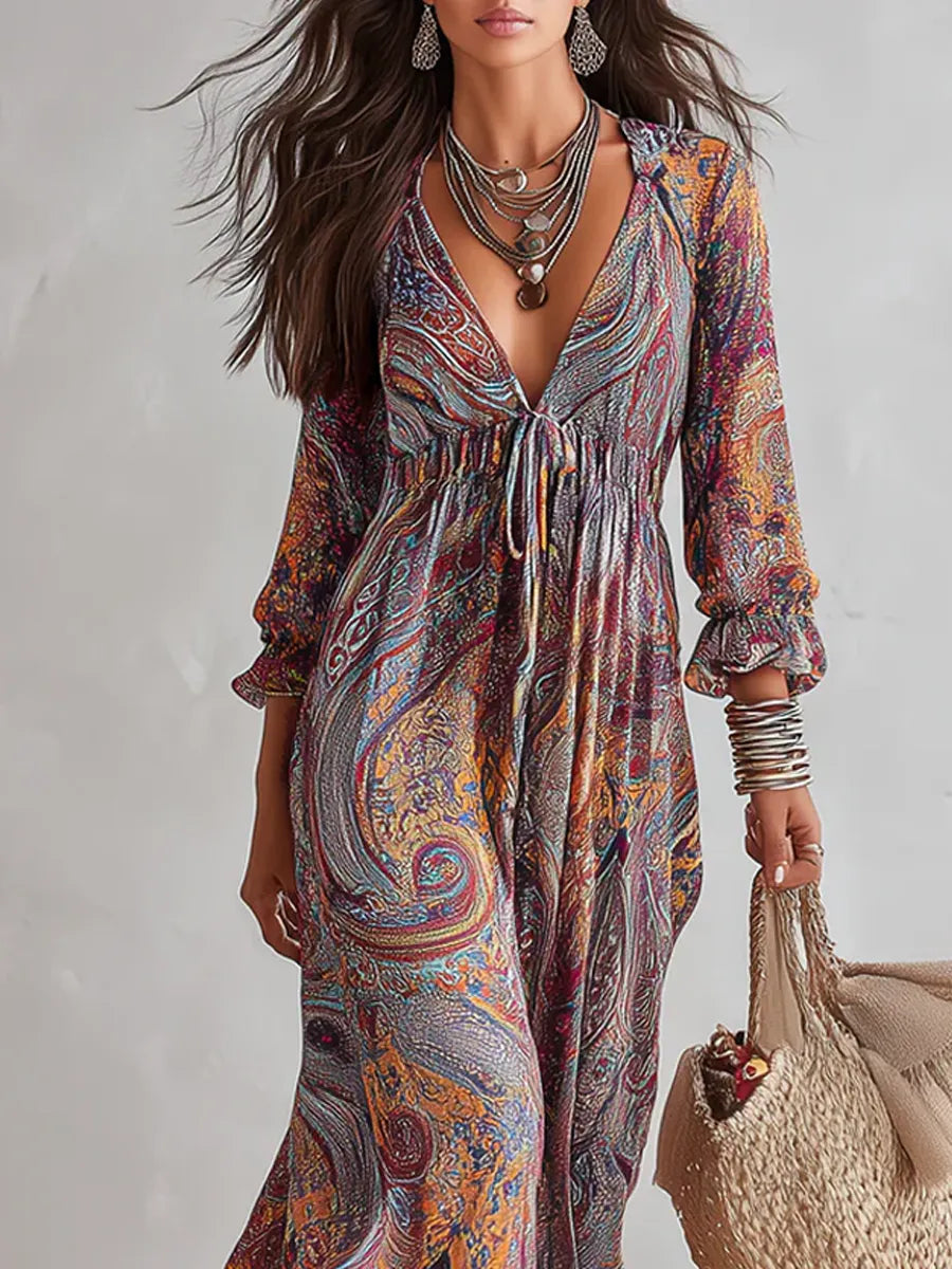 Vestido de Verano Largo Boho con Estampado y Escote en V