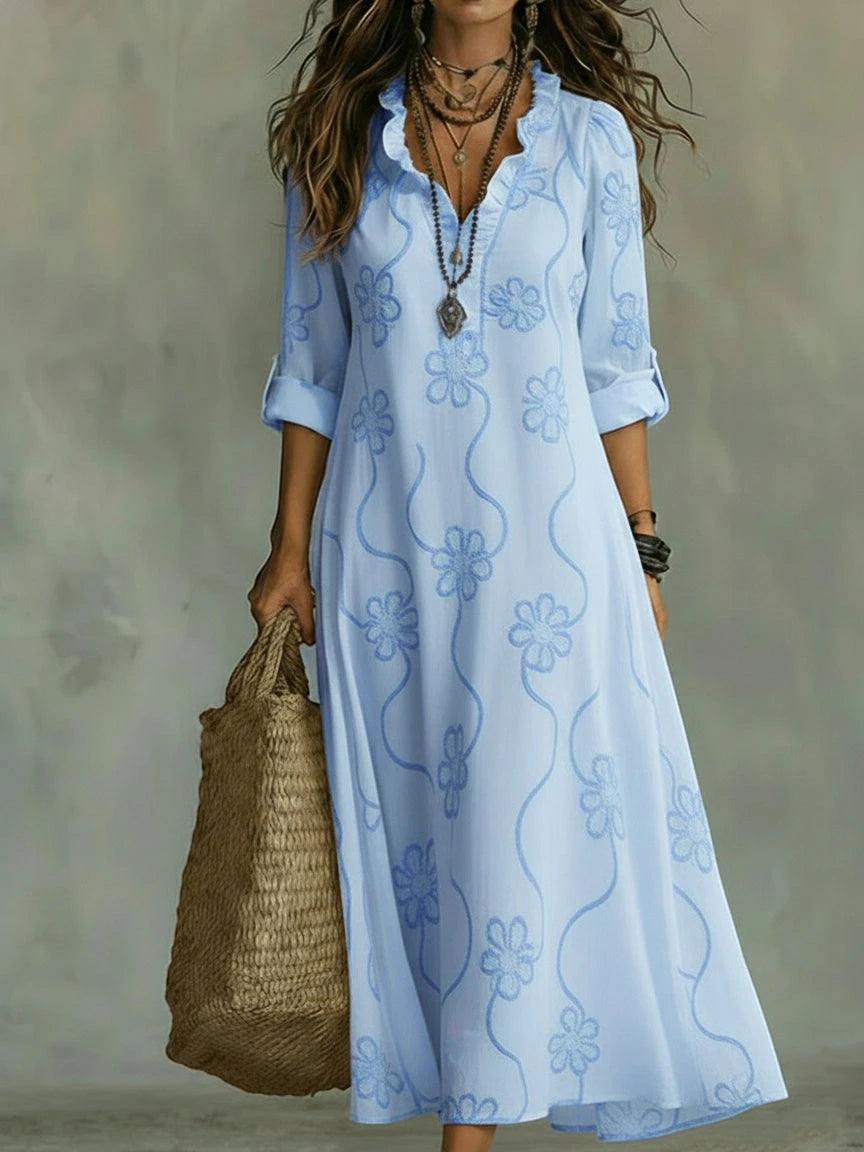 Vestido de Verano Largo Boho con Flores y Volantes
