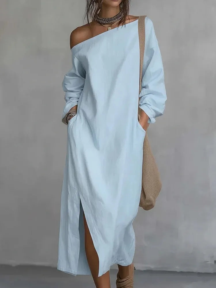Vestido de Verano Largo Boho con Hombros Descubiertos y Abertura