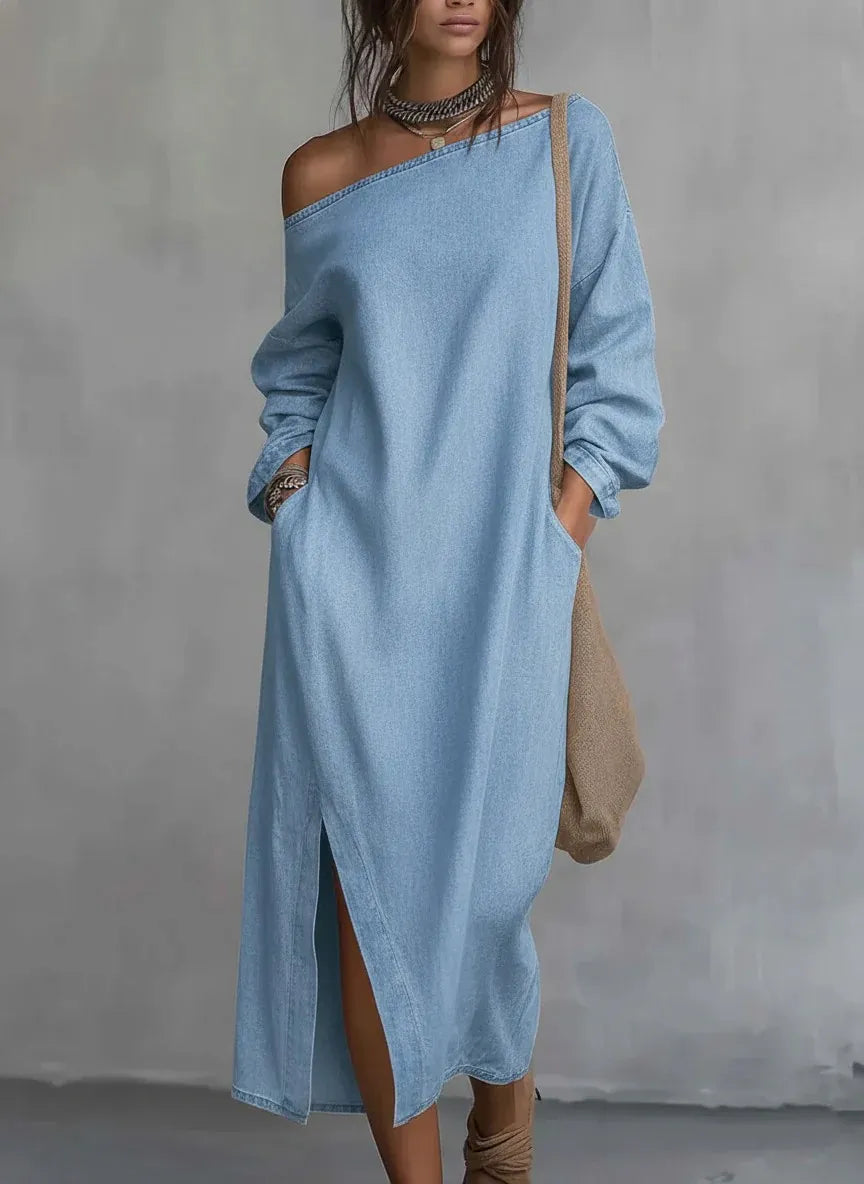 Vestido de Verano Largo Boho con Hombros Descubiertos y Abertura