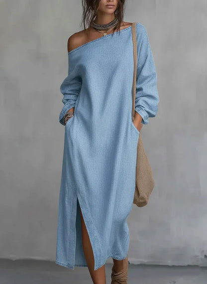 Vestido de Verano Largo Boho con Hombros Descubiertos y Abertura