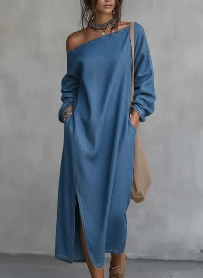 Vestido de Verano Largo Boho con Hombros Descubiertos y Abertura