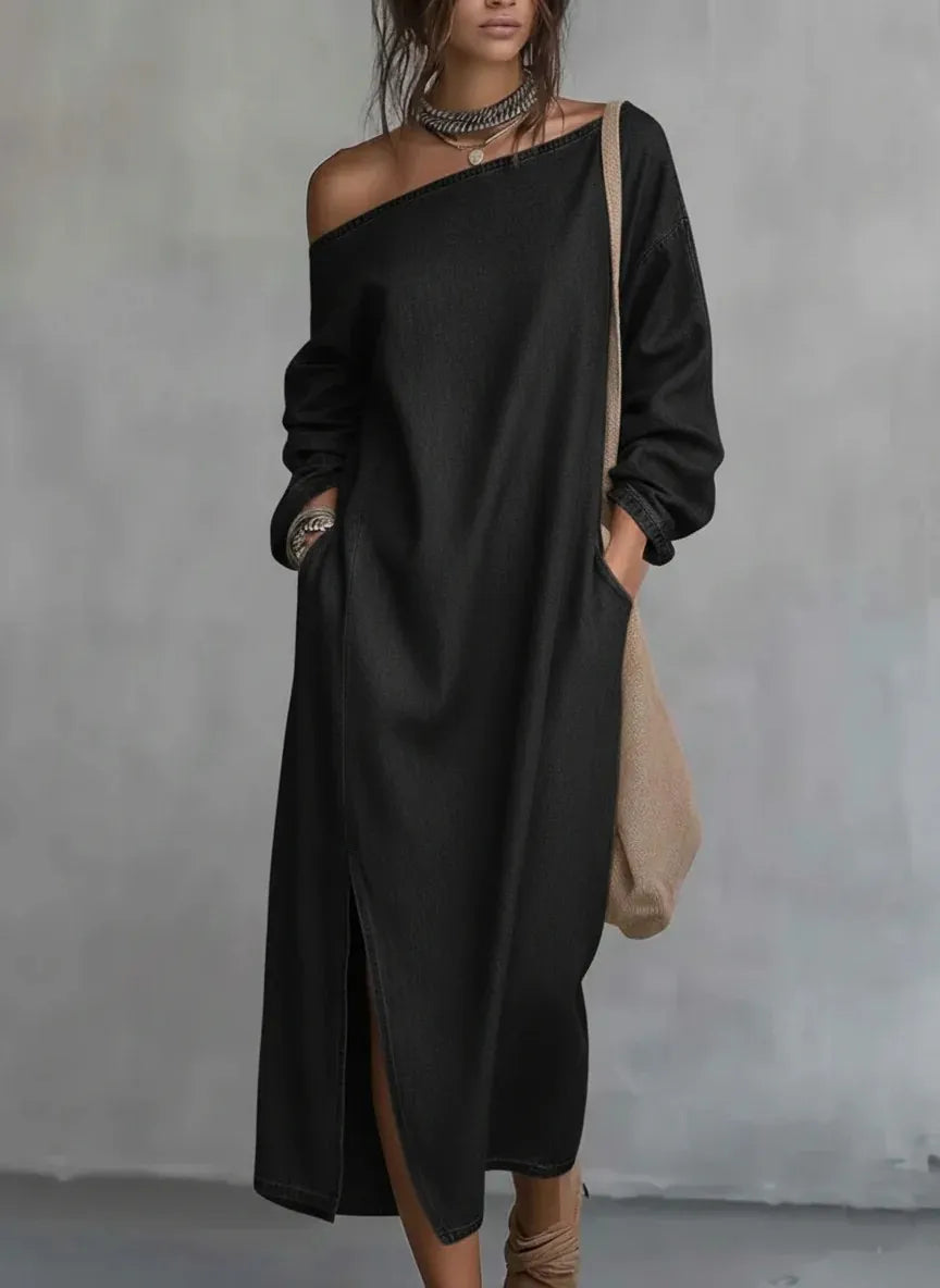 Vestido de Verano Largo Boho con Hombros Descubiertos y Abertura
