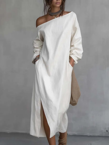 Vestido de Verano Largo Boho con Hombros Descubiertos y Abertura