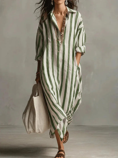Vestido de Verano Largo Camisero Manga Larga con Escote en V