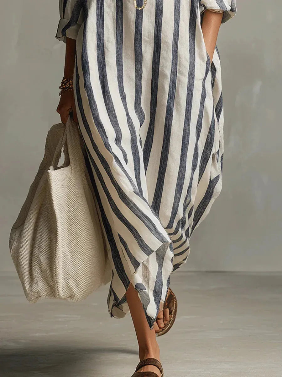 Vestido de Verano Largo Camisero Manga Larga con Escote en V