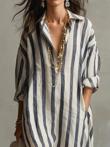 Vestido de Verano Largo Camisero Manga Larga con Escote en V