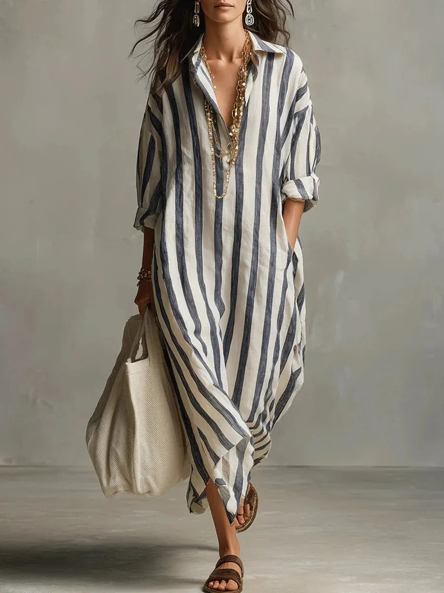 Vestido de Verano Largo Camisero Manga Larga con Escote en V