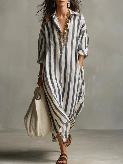 Vestido de Verano Largo Camisero Manga Larga con Escote en V