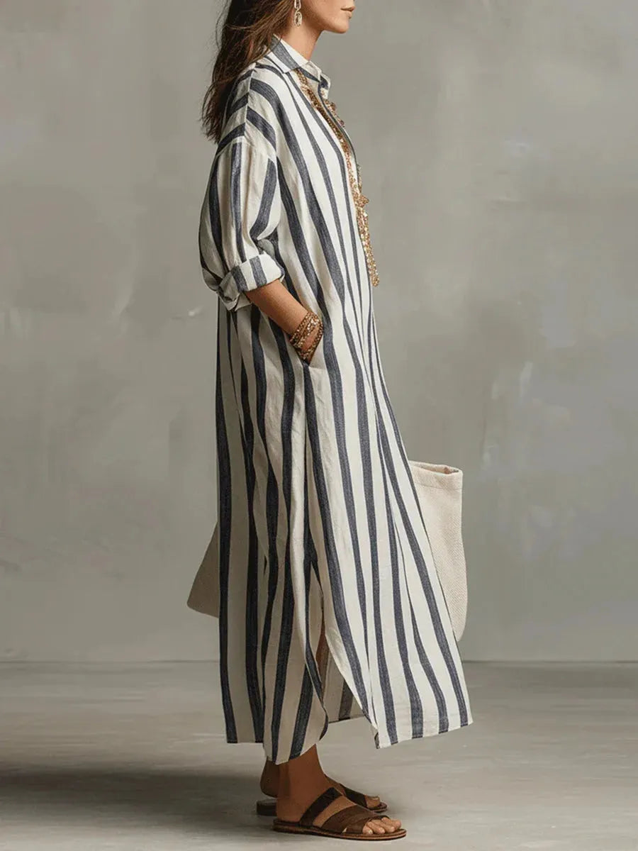 Vestido de Verano Largo Camisero Manga Larga con Escote en V