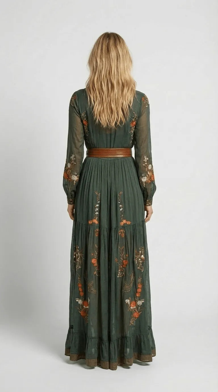 Vestido de Verano Largo Casual Boho con Manga Larga y Volantes