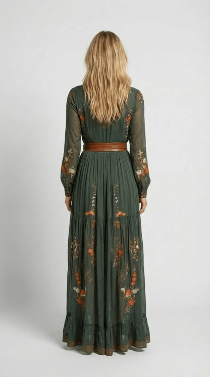 Vestido de Verano Largo Casual Boho con Manga Larga y Volantes