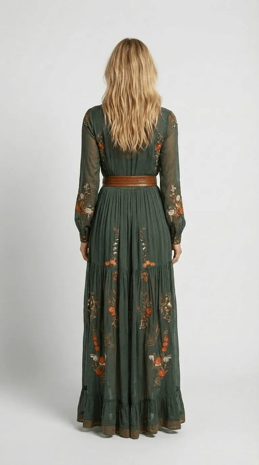 Vestido de Verano Largo Casual Boho con Manga Larga y Volantes