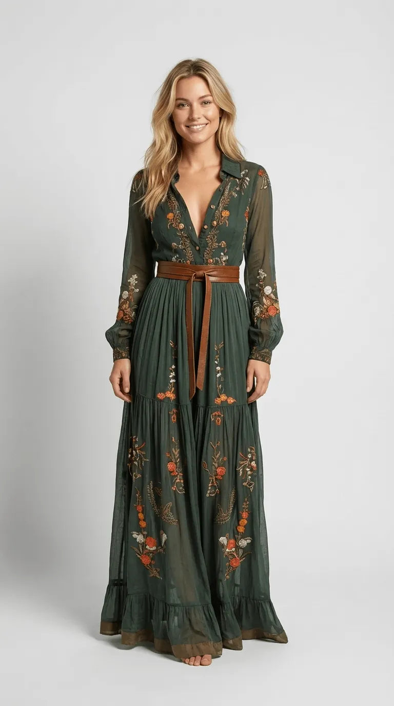 Vestido de Verano Largo Casual Boho con Manga Larga y Volantes
