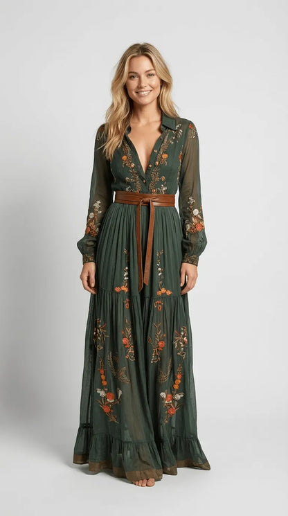 Vestido de Verano Largo Casual Boho con Manga Larga y Volantes