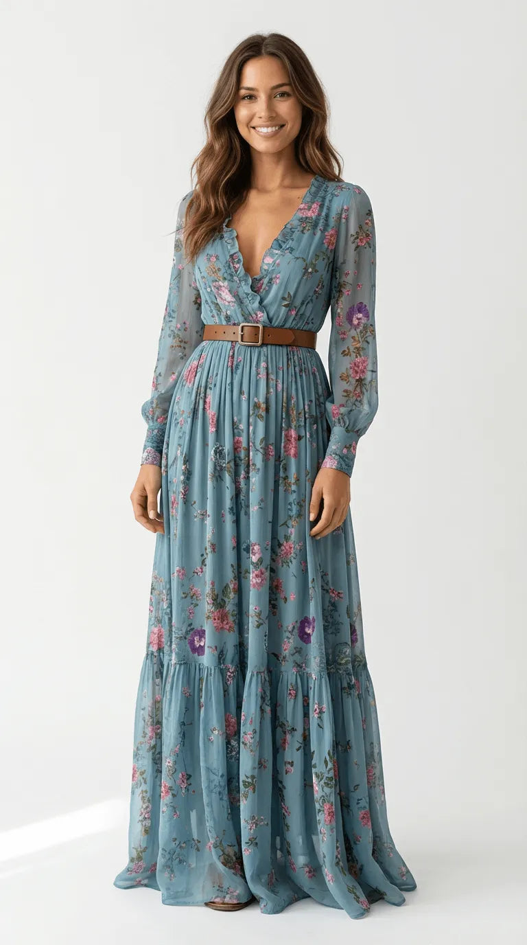 Vestido de Verano Largo Casual Boho con Manga Larga y Volantes