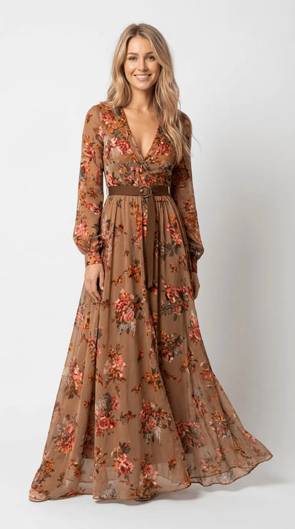 Vestido de Verano Largo Casual Boho con Manga Larga y Volantes
