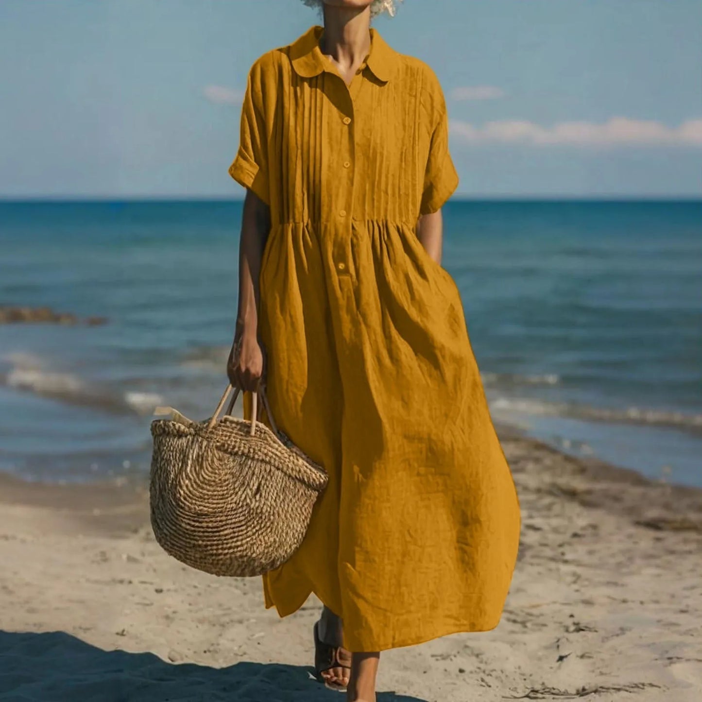 Vestido de Verano Largo Casual Boho con Plisado y Manga Corta