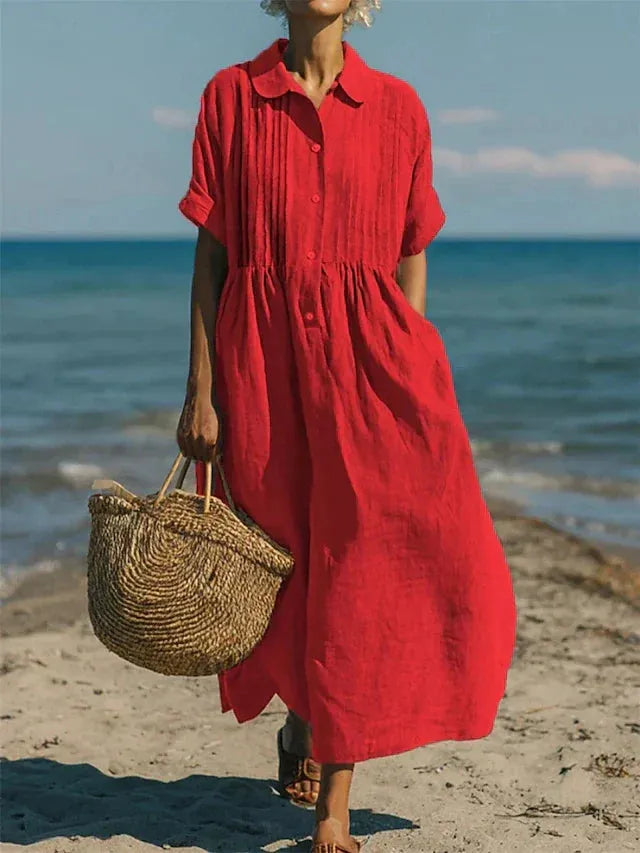 Vestido de Verano Largo Casual Boho con Plisado y Manga Corta