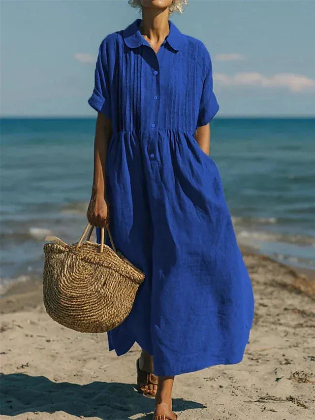 Vestido de Verano Largo Casual Boho con Plisado y Manga Corta