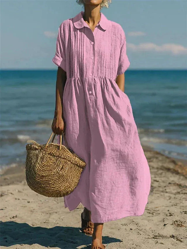 Vestido de Verano Largo Casual Boho con Plisado y Manga Corta