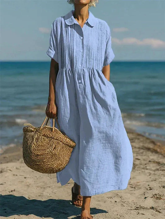 Vestido de Verano Largo Casual Boho con Plisado y Manga Corta