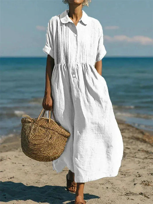 Vestido de Verano Largo Casual Boho con Plisado y Manga Corta