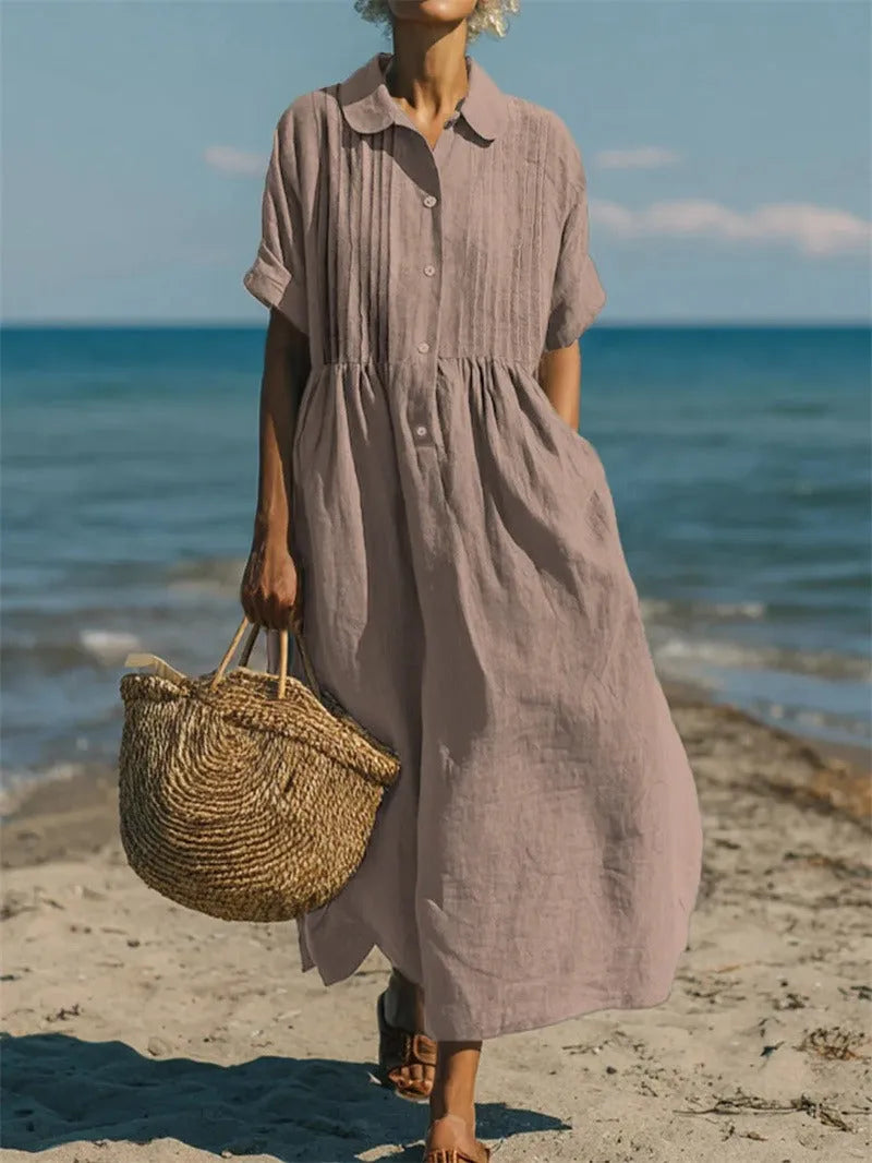 Vestido de Verano Largo Casual Boho con Plisado y Manga Corta