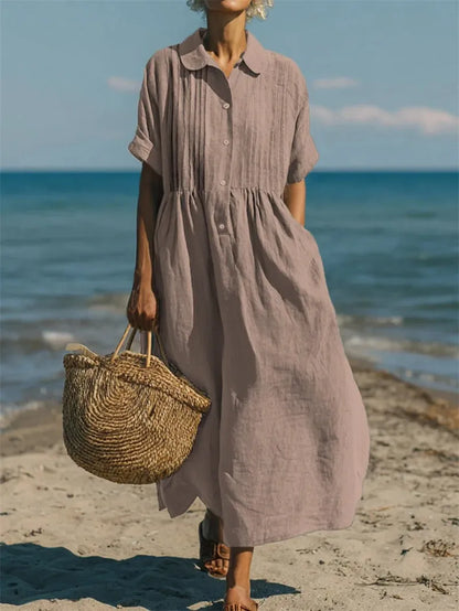 Vestido de Verano Largo Casual Boho con Plisado y Manga Corta