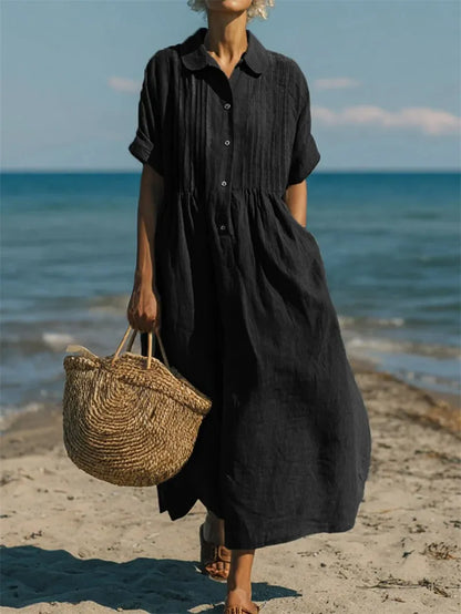 Vestido de Verano Largo Casual Boho con Plisado y Manga Corta