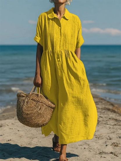 Vestido de Verano Largo Casual Boho con Plisado y Manga Corta