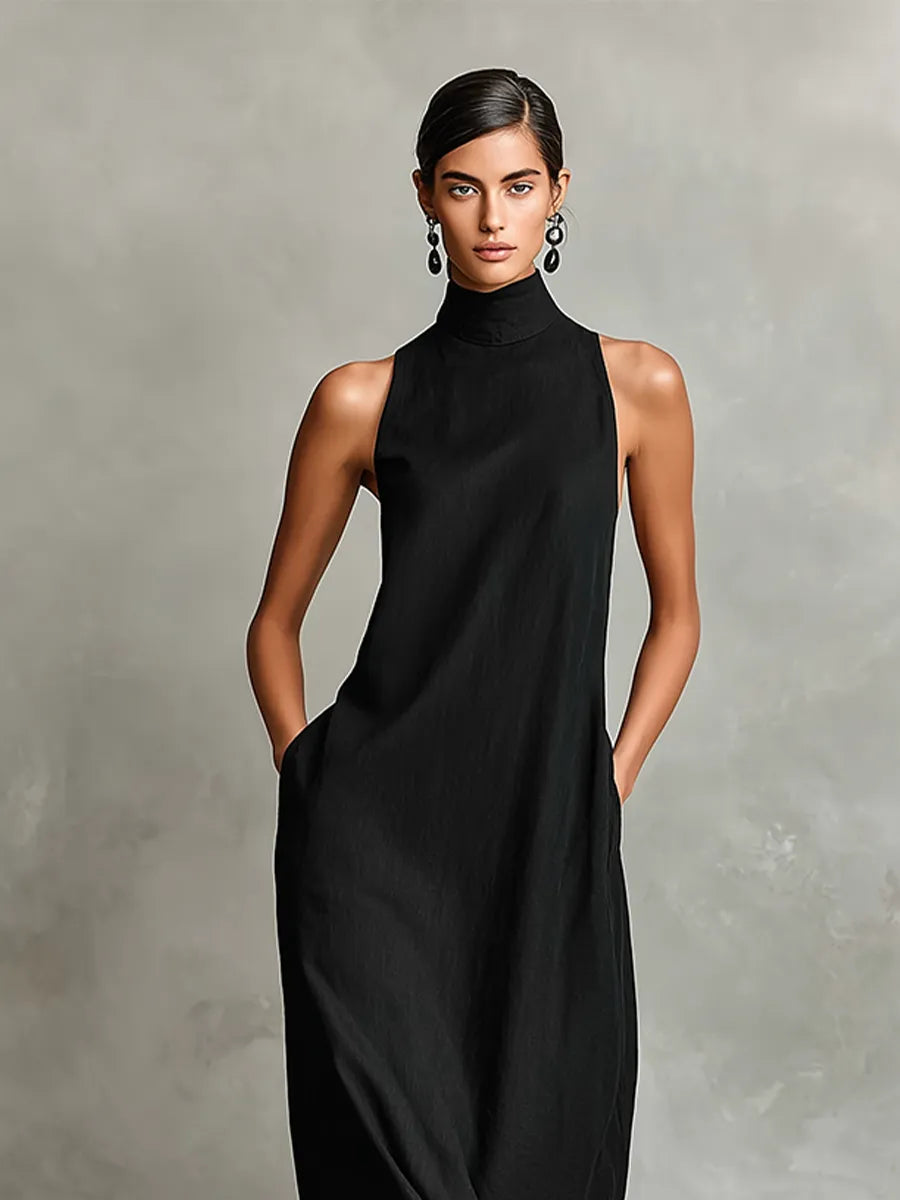 Vestido de Verano Largo Casual Cuello Alto con Bolsillos
