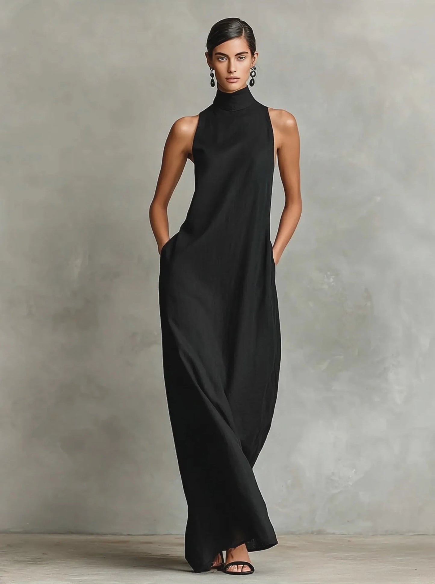 Vestido de Verano Largo Casual Cuello Alto con Bolsillos