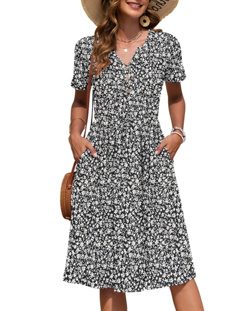Vestido de Verano Largo Casual Estampado con Manga Corta