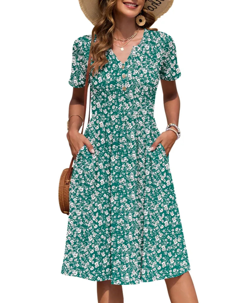 Vestido de Verano Largo Casual Estampado con Manga Corta