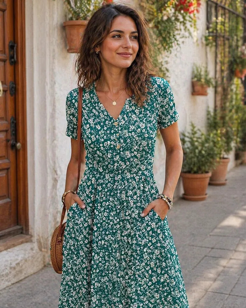 Vestido de Verano Largo Casual Estampado con Manga Corta