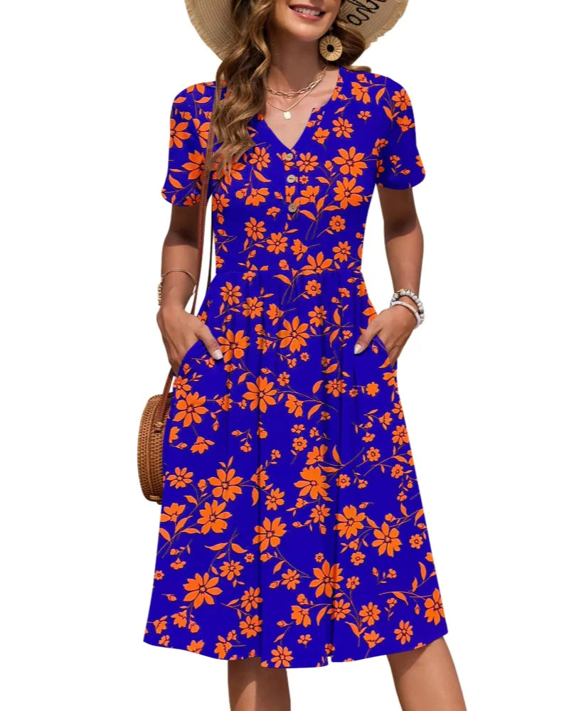 Vestido de Verano Largo Casual Estampado con Manga Corta