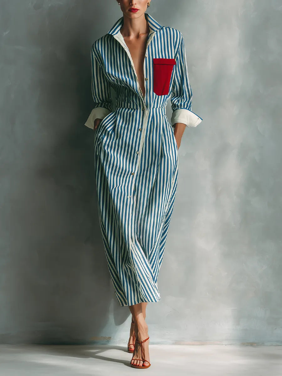 Vestido de Verano Largo Casual Rayas con Manga Larga