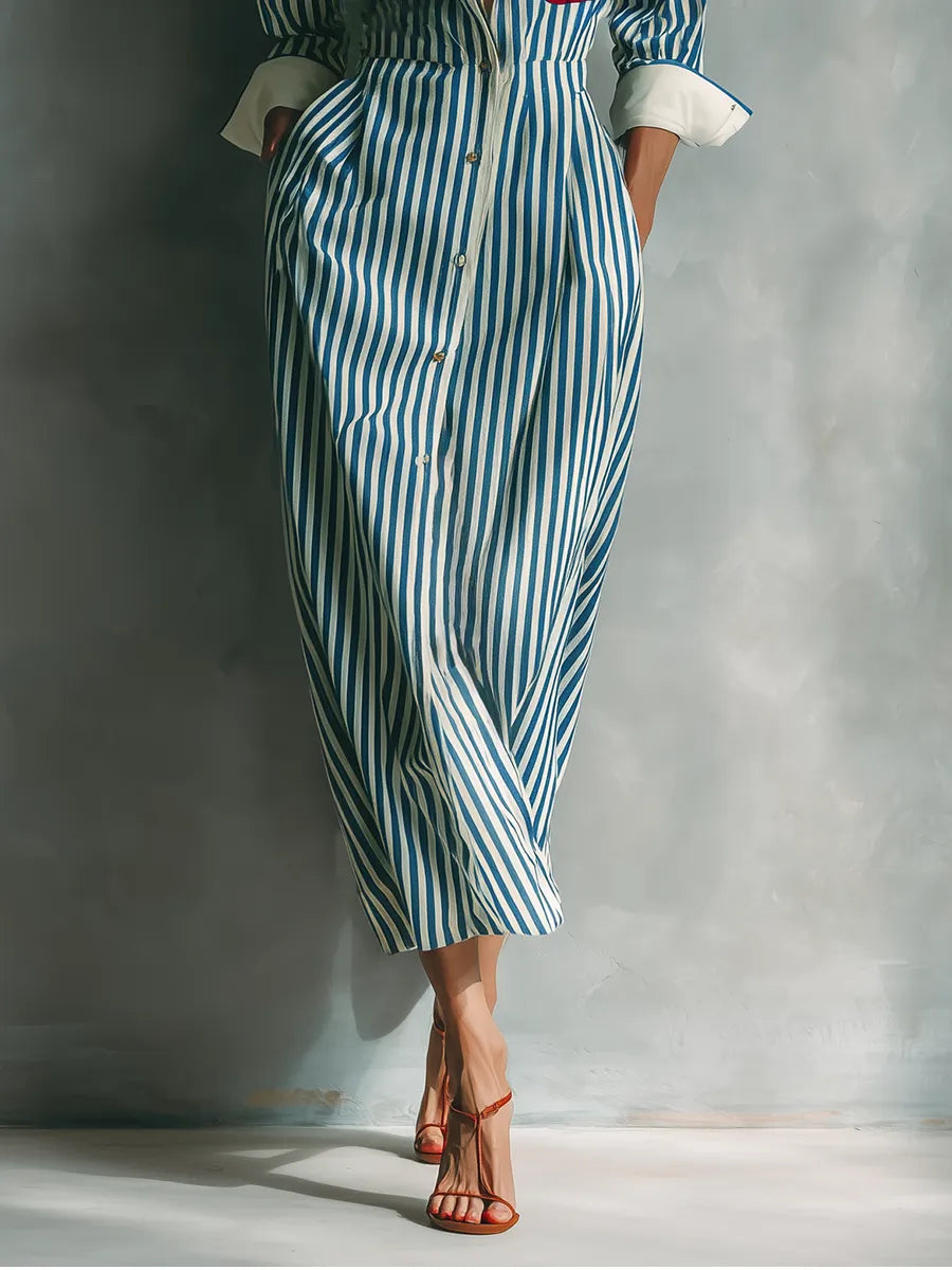 Vestido de Verano Largo Casual Rayas con Manga Larga
