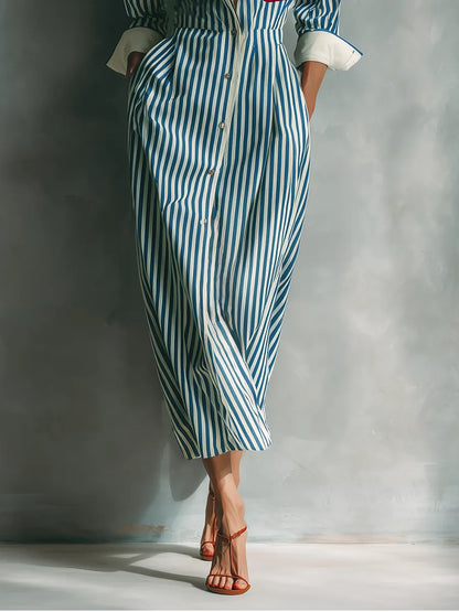 Vestido de Verano Largo Casual Rayas con Manga Larga