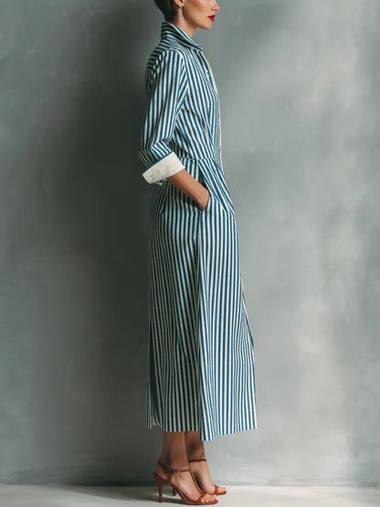 Vestido de Verano Largo Casual Rayas con Manga Larga