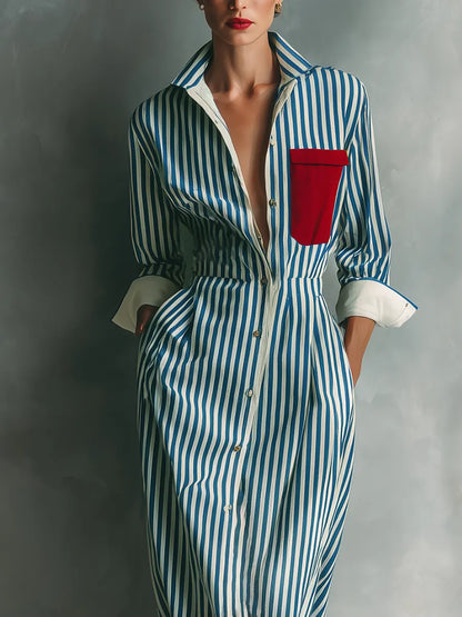 Vestido de Verano Largo Casual Rayas con Manga Larga