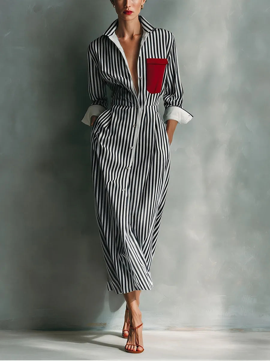 Vestido de Verano Largo Casual Rayas con Manga Larga