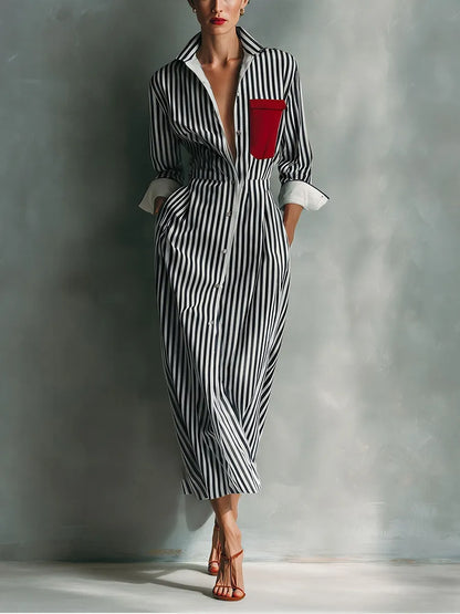 Vestido de Verano Largo Casual Rayas con Manga Larga