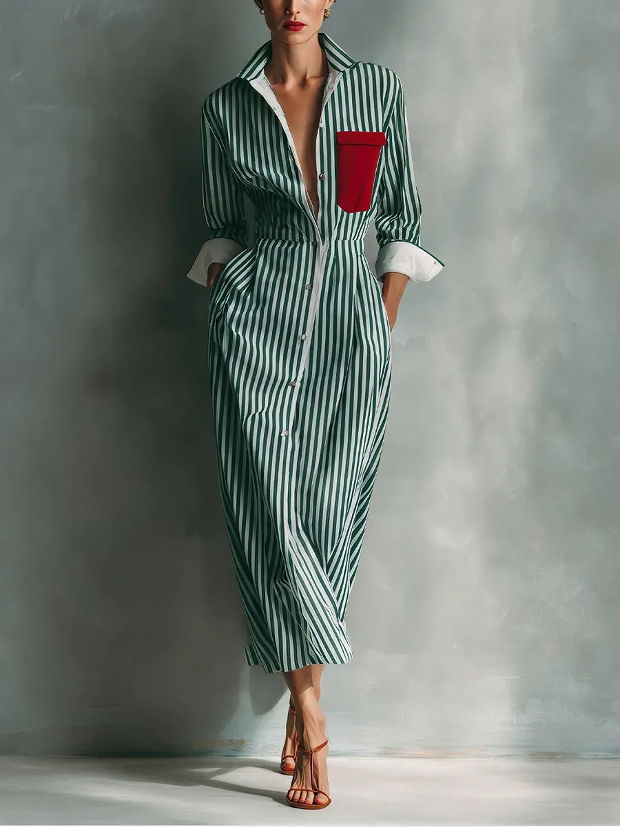 Vestido de Verano Largo Casual Rayas con Manga Larga