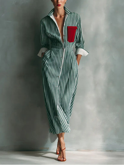 Vestido de Verano Largo Casual Rayas con Manga Larga