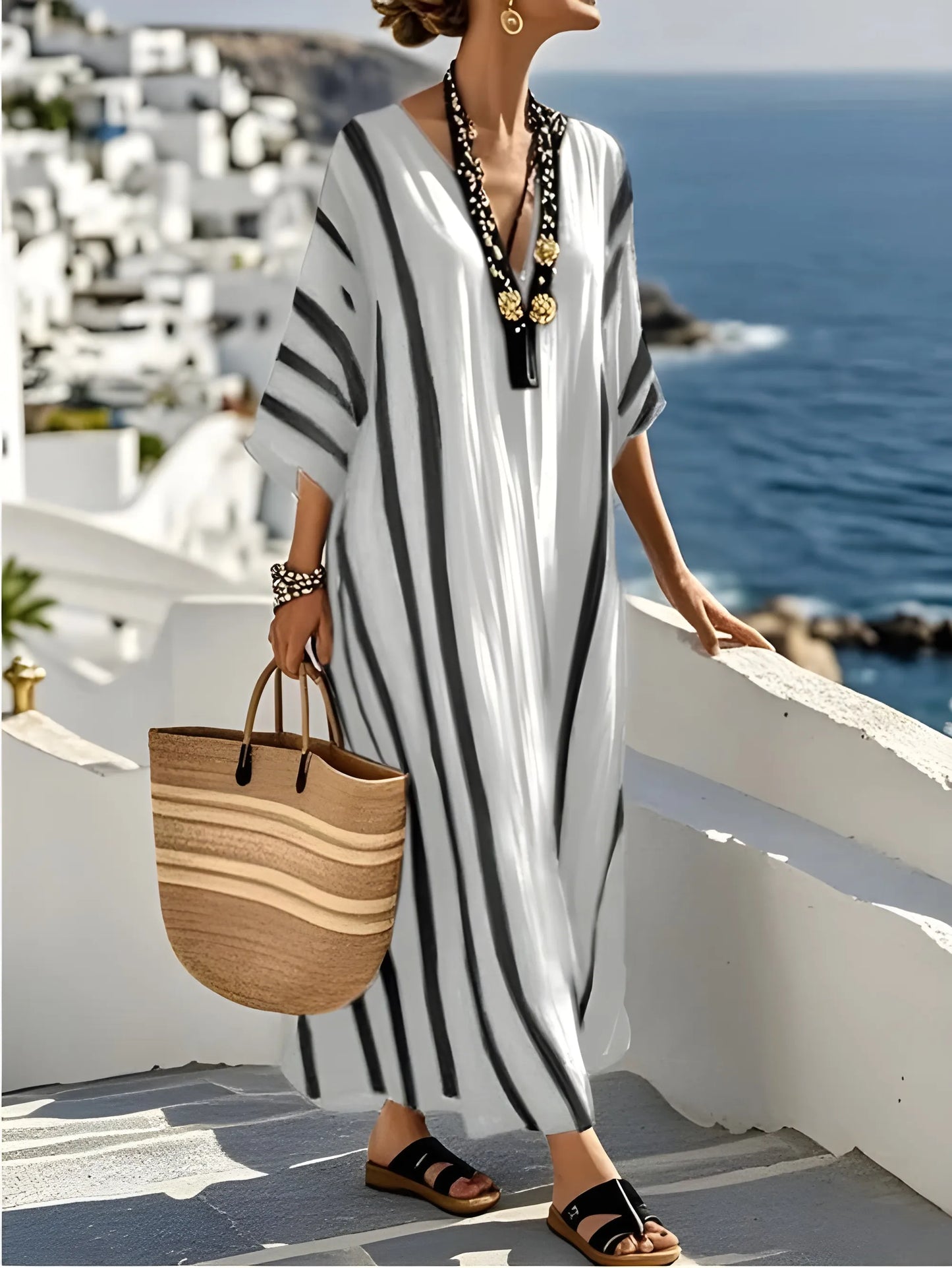 Vestido de Verano Largo Casual Rayas con Mangas Kimono