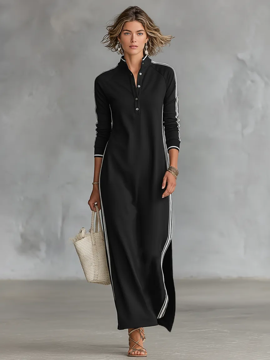 Vestido de Verano Largo Casual con Cuello con Botones y Rayas